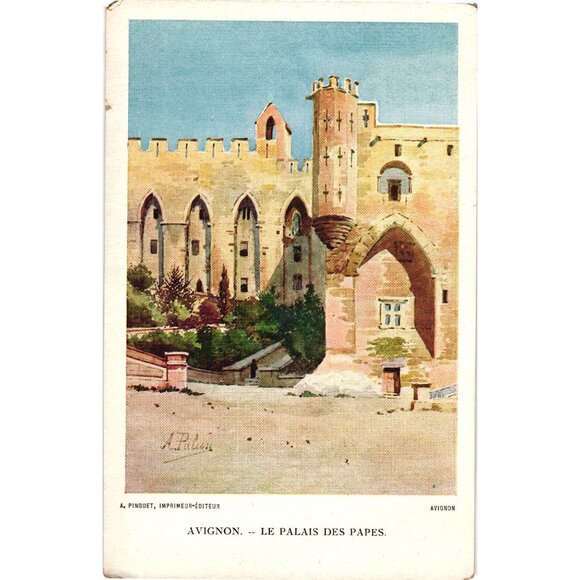 Vintage French Postcard Avignon Palais Des Papes Architectural Artwork - Picture 1 of 2